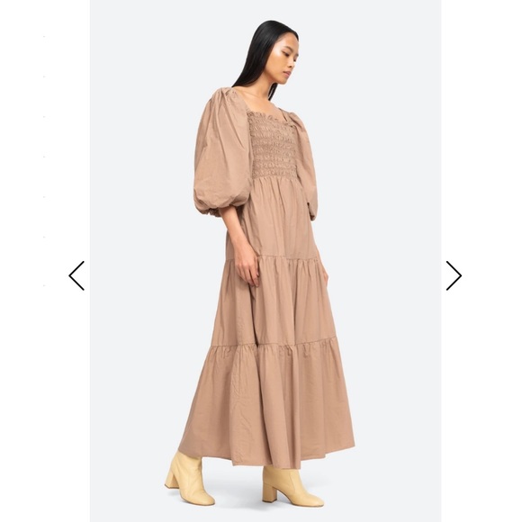 Sea Puff Sleeve Open Back Smocked Cotton Maxi Midi Dress - Picture 3 of 7